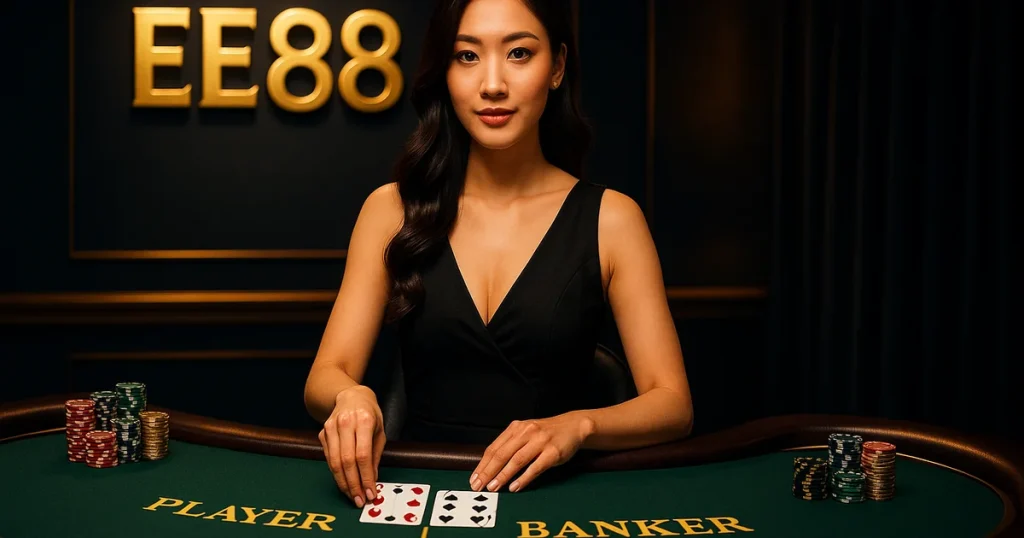 Banner Mẹo chơi Baccarat EE88 — chiến lược Player Banker live dealer tại nhà cái trực tuyến 2026